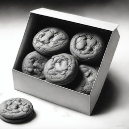 A high-definition pencil drawing of cookies in a gift box, presented in black and white