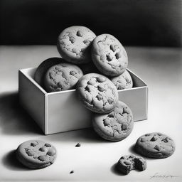 A high-definition pencil drawing of cookies in a gift box, presented in black and white