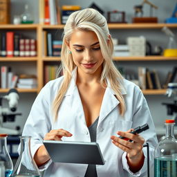A scientifically-minded young woman with a Caucasian appearance, featuring platinum blonde hair and an athletic physique