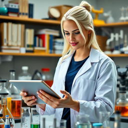 A scientifically-minded young woman with a Caucasian appearance, featuring platinum blonde hair and an athletic physique