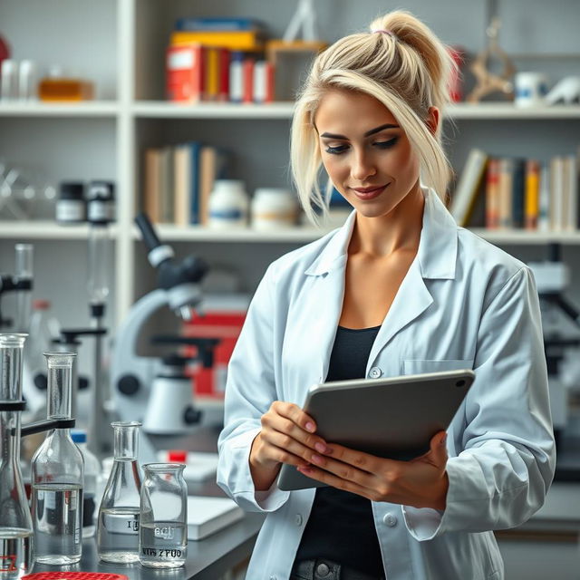 A scientifically-minded young woman with a Caucasian appearance, featuring platinum blonde hair and an athletic physique