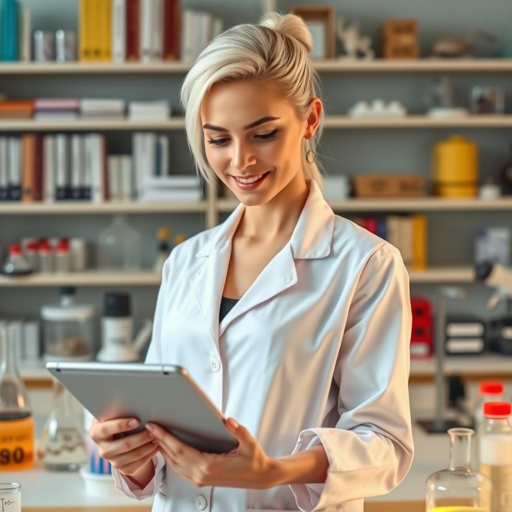 A scientifically-minded young woman with a Caucasian appearance, featuring platinum blonde hair and an athletic physique