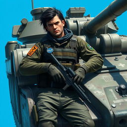 A realistic depiction of a player in a war game, casually leaning against a military tank