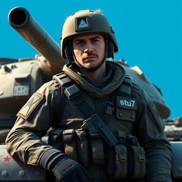 A realistic depiction of a player in a war game, casually leaning against a military tank