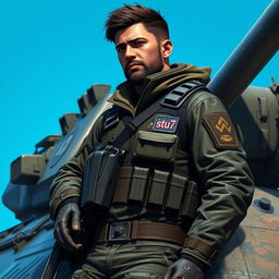 A realistic depiction of a player in a war game, casually leaning against a military tank