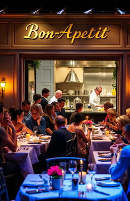 A vibrant theatre scene set in a charming French restaurant named 'Bon-Apetit'