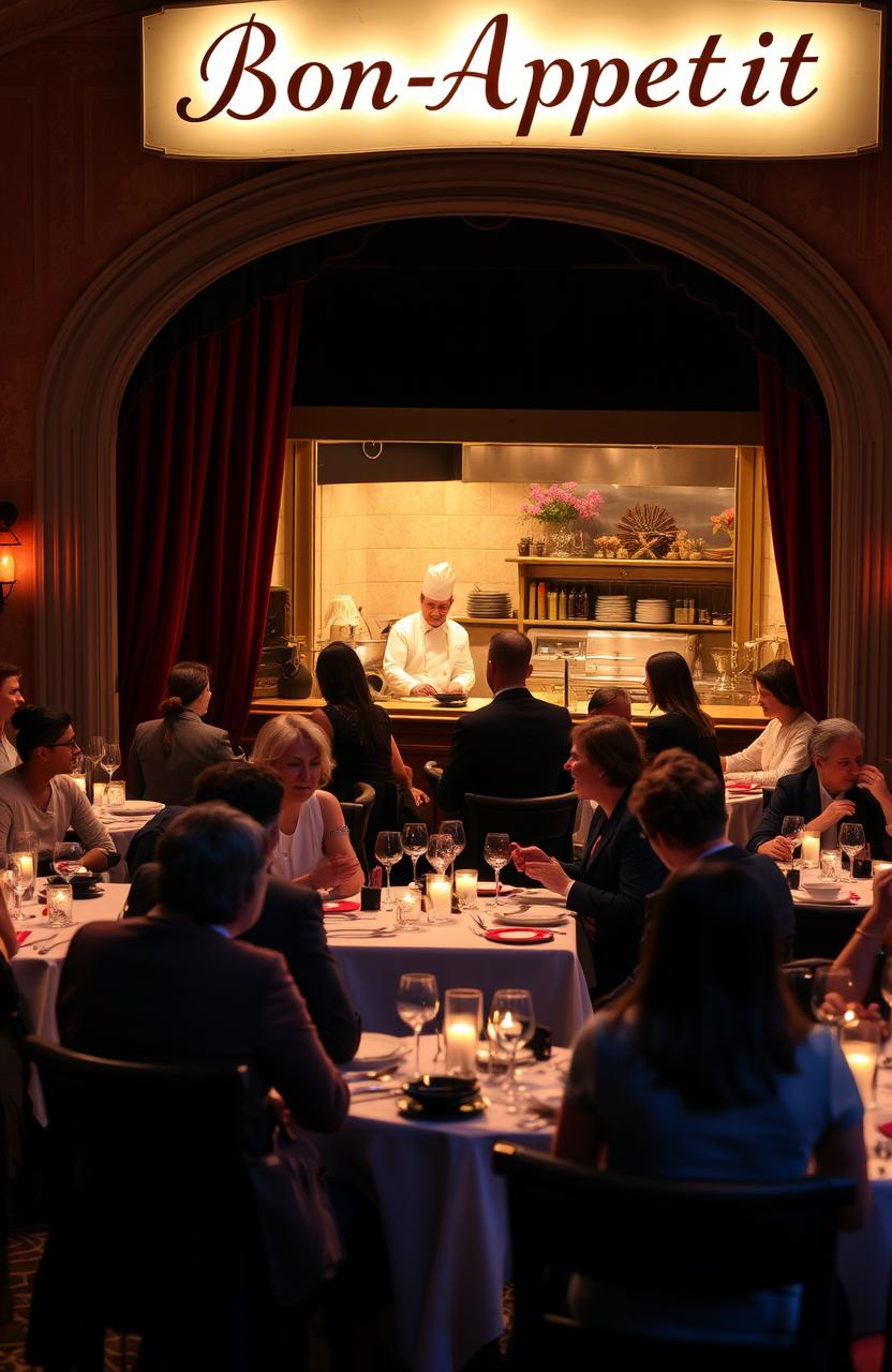 A vibrant theatre scene set in a charming French restaurant named 'Bon-Apetit'