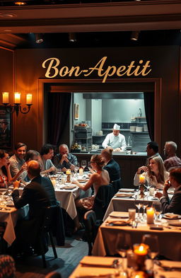 A vibrant theatre scene set in a charming French restaurant named 'Bon-Apetit'