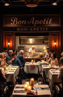 A vibrant theatre scene set in a charming French restaurant named 'Bon-Apetit'
