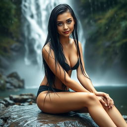 A young woman with long black wet hair, sitting gracefully on a smooth stone by a majestic waterfall, surrounded by lush greenery