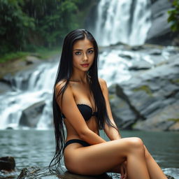 A young woman with long black wet hair, sitting gracefully on a smooth stone by a majestic waterfall, surrounded by lush greenery