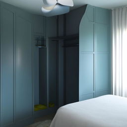 Recreate the wardrobe into a sea-blue color, complete with an L-shaped loft that signifies a perfect blend of style and utility.