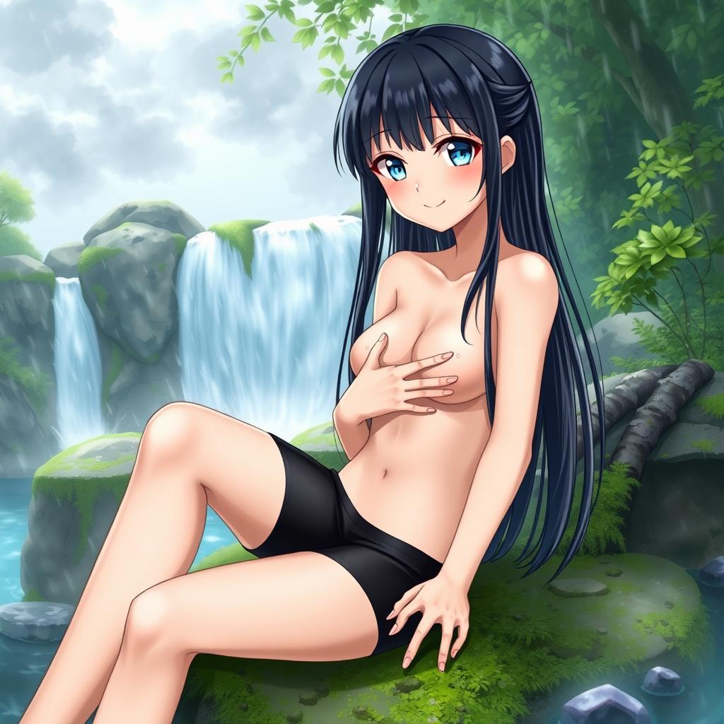 A girl with black wet hair and a realistic appearance sits gracefully on a moss-covered stone by a vibrant waterfall, surrounded by lush greenery