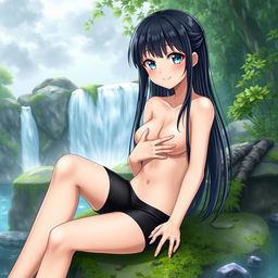 A girl with black wet hair and a realistic appearance sits gracefully on a moss-covered stone by a vibrant waterfall, surrounded by lush greenery