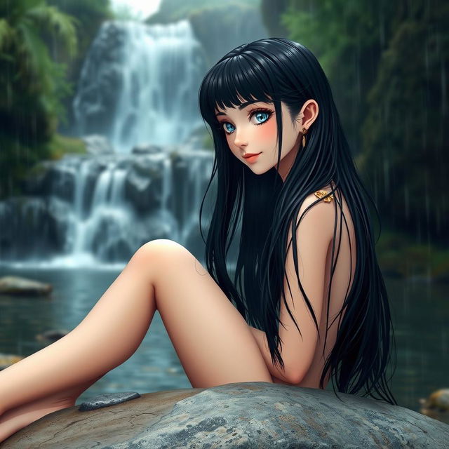 A girl with black wet hair sits gracefully on a smooth stone by a lush waterfall, surrounded by a serene natural landscape