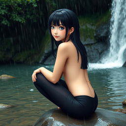 A girl with black wet hair sits gracefully on a smooth stone by a lush waterfall, surrounded by a serene natural landscape