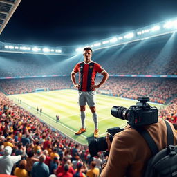 A dynamic 3D scene featuring a footballer resembling a famous football star, standing confidently in the center of a large, illuminated stadium during an intense match