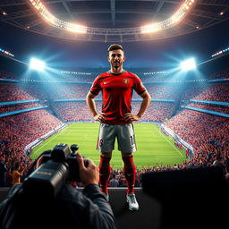 A dynamic 3D scene featuring a footballer resembling a famous football star, standing confidently in the center of a large, illuminated stadium during an intense match