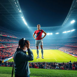A dynamic 3D scene featuring a footballer resembling a famous football star, standing confidently in the center of a large, illuminated stadium during an intense match
