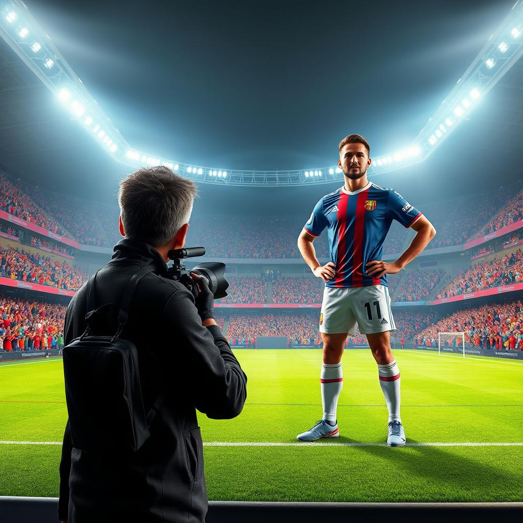 A dynamic 3D scene featuring a footballer resembling a famous football star, standing confidently in the center of a large, illuminated stadium during an intense match