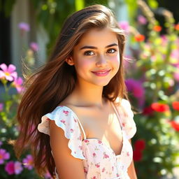 a beautiful 18-year-old brunette girl with long, flowing hair, wearing a stylish summer dress, standing in a sunlit outdoor setting, with a gentle smile on her face and sparkling brown eyes, surrounded by vibrant flowers and lush greenery, exuding youthful charm and beauty