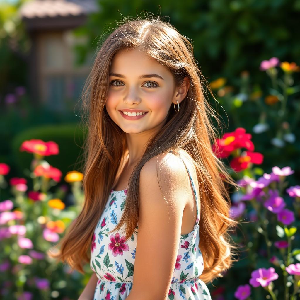 a beautiful 18-year-old brunette girl with long, flowing hair, wearing a stylish summer dress, standing in a sunlit outdoor setting, with a gentle smile on her face and sparkling brown eyes, surrounded by vibrant flowers and lush greenery, exuding youthful charm and beauty