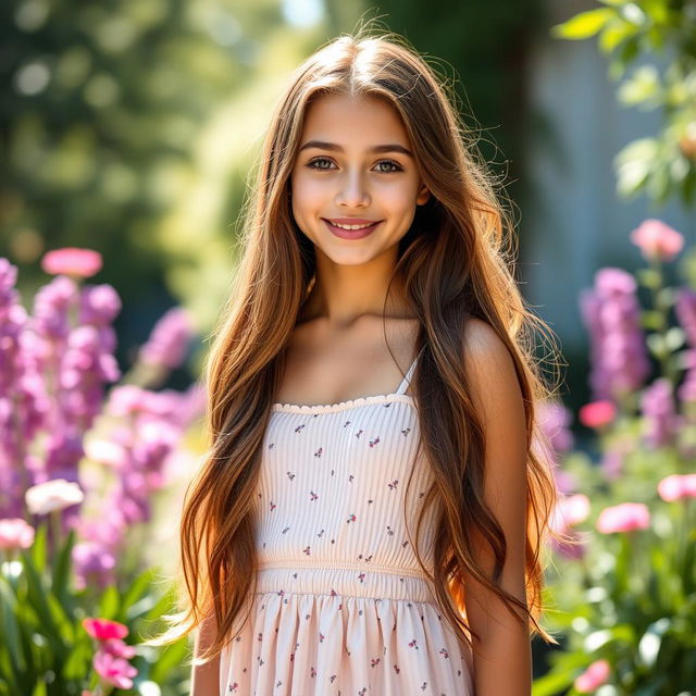 a beautiful 18-year-old brunette girl with long, flowing hair, wearing a stylish summer dress, standing in a sunlit outdoor setting, with a gentle smile on her face and sparkling brown eyes, surrounded by vibrant flowers and lush greenery, exuding youthful charm and beauty