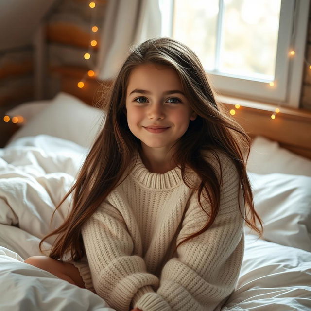 A beautiful 18-year-old brunette girl sitting on a bed, with soft natural light coming through a window, creating a warm and inviting atmosphere