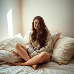 a beautiful 18-year-old brunette girl sitting on a bed, with long, wavy hair cascading over her shoulders, wearing a cozy oversized sweater and shorts, her legs crossed comfortably, a warm and inviting smile on her face, surrounded by soft pillows and a light-colored quilt, with soft natural light filtering through the window creating a serene atmosphere