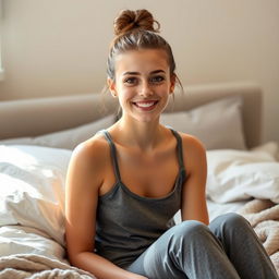 a beautiful 18-year-old brunette girl with her hair tied up in a neat bun, sitting on a bed, wearing a comfortable tank top and pajama pants, smiling warmly with a reassuring expression on her face, her big brown eyes sparkling, surrounded by soft pillows and a cozy blanket, with gentle natural light streaming in from a nearby window, creating a peaceful and inviting atmosphere