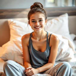 a beautiful 18-year-old brunette girl with her hair tied up in a neat bun, sitting on a bed, wearing a comfortable tank top and pajama pants, smiling warmly with a reassuring expression on her face, her big brown eyes sparkling, surrounded by soft pillows and a cozy blanket, with gentle natural light streaming in from a nearby window, creating a peaceful and inviting atmosphere