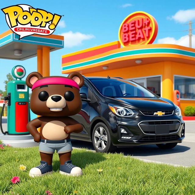 A Funko Pop style scene featuring a cartoon bear character resembling a jogger, known as 'Oso Joggy', standing next to a black Chevrolet Beat parked at a colorful gas station