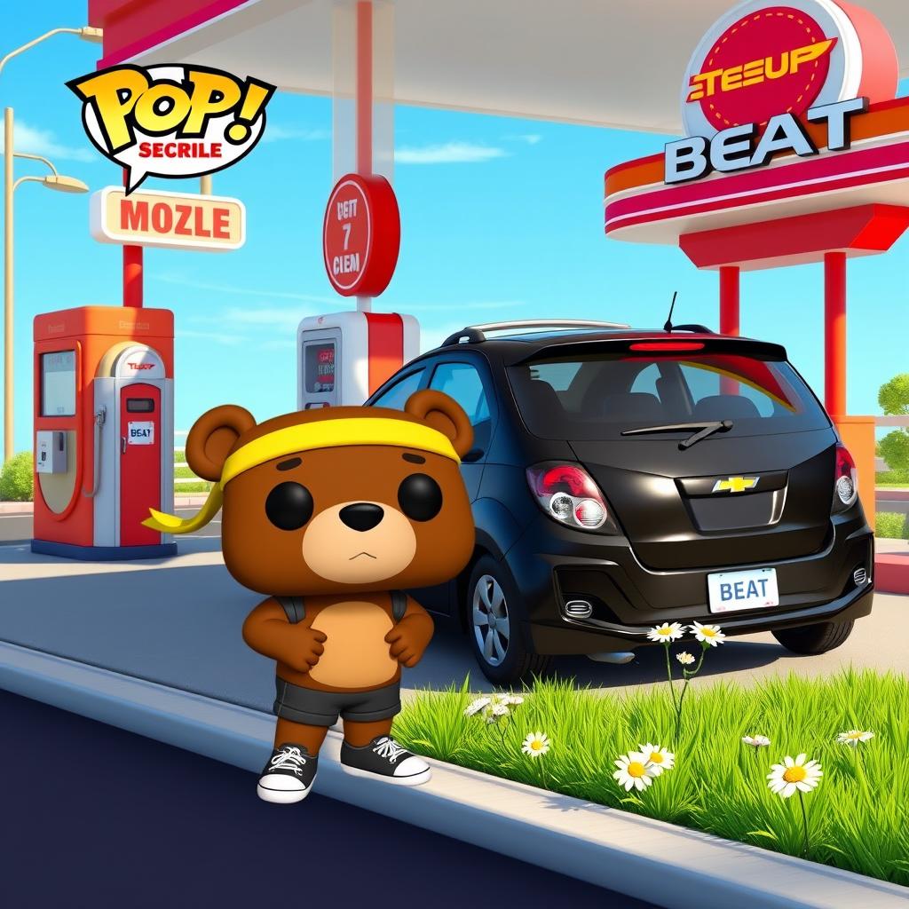 A Funko Pop style scene featuring a cartoon bear character resembling a jogger, known as 'Oso Joggy', standing next to a black Chevrolet Beat parked at a colorful gas station