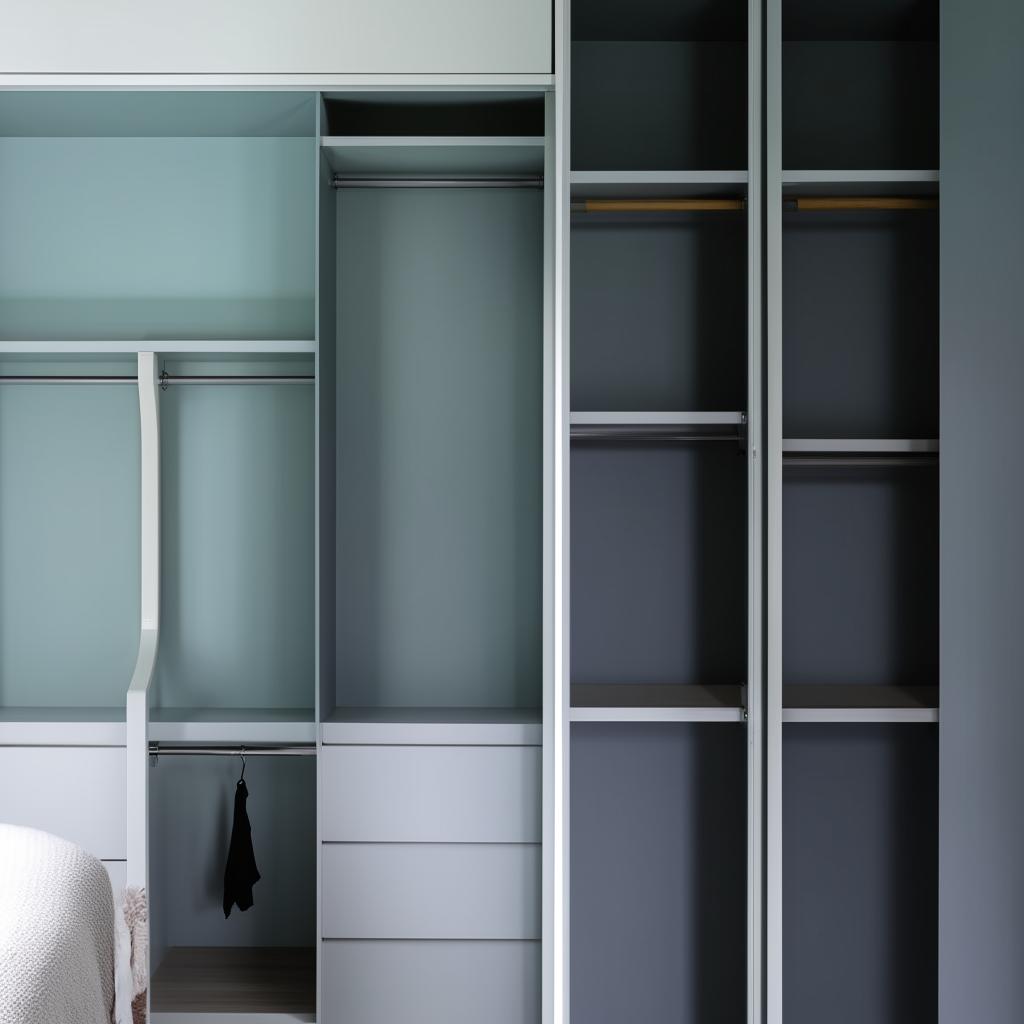 Transform the sea-blue wardrobe by adding a prominent white strip in the middle. Retain the L-shaped loft, giving a stylish yet utilitarian appeal.