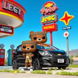 A Funko Pop style scene featuring a cartoon bear character resembling a jogger, known as 'Oso Joggy', standing next to a black Chevrolet Beat parked at a colorful gas station