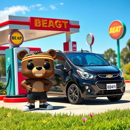 A Funko Pop style scene featuring a cartoon bear character resembling a jogger, known as 'Oso Joggy', standing next to a black Chevrolet Beat parked at a colorful gas station