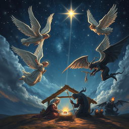 A dramatic air battle scene featuring angels and demons engaged in combat above Bethlehem during Christmas Eve, with a beautiful starry night sky illuminated by the bright star of Bethlehem