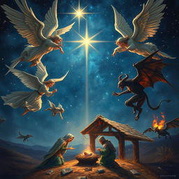 A dramatic air battle scene featuring angels and demons engaged in combat above Bethlehem during Christmas Eve, with a beautiful starry night sky illuminated by the bright star of Bethlehem