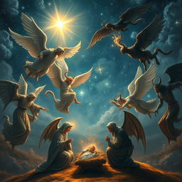 A dramatic air battle scene featuring angels and demons engaged in combat above Bethlehem during Christmas Eve, with a beautiful starry night sky illuminated by the bright star of Bethlehem