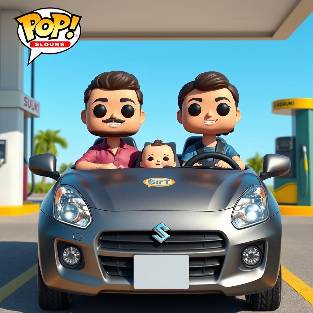 A vibrant Funko Pop scene depicting a couple in their 30s with a 2-month-old baby in a Suzuki Swift Dzire, painted in a sleek gray color