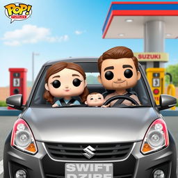 A vibrant Funko Pop scene depicting a couple in their 30s with a 2-month-old baby in a Suzuki Swift Dzire, painted in a sleek gray color