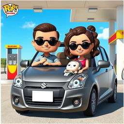 A vibrant Funko Pop scene depicting a couple in their 30s with a 2-month-old baby in a Suzuki Swift Dzire, painted in a sleek gray color