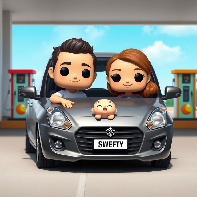 A vibrant Funko Pop scene depicting a couple in their 30s with a 2-month-old baby in a Suzuki Swift Dzire, painted in a sleek gray color