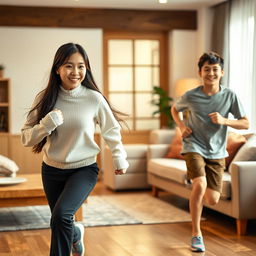 In a cozy room with warm lighting, an 18-year-old Asian sister is playfully chasing her 15-year-old brother