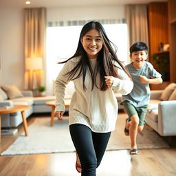 In a cozy room with warm lighting, an 18-year-old Asian sister is playfully chasing her 15-year-old brother