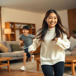 In a cozy room with warm lighting, an 18-year-old Asian sister is playfully chasing her 15-year-old brother