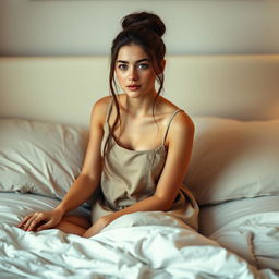 a beautiful 18-year-old brunette girl with long hair tied up in a stylish bun, sitting gracefully on a bed, wearing a simple yet elegant dress, surrounded by soft pillows and a light comforter, with a serene expression on her face, captured in soft, warm lighting that enhances the cozy atmosphere of the room