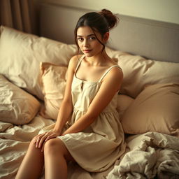 a beautiful 18-year-old brunette girl with long hair tied up in a stylish bun, sitting gracefully on a bed, wearing a simple yet elegant dress, surrounded by soft pillows and a light comforter, with a serene expression on her face, captured in soft, warm lighting that enhances the cozy atmosphere of the room