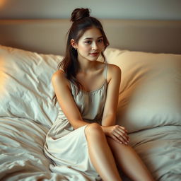 a beautiful 18-year-old brunette girl with long hair tied up in a stylish bun, sitting gracefully on a bed, wearing a simple yet elegant dress, surrounded by soft pillows and a light comforter, with a serene expression on her face, captured in soft, warm lighting that enhances the cozy atmosphere of the room