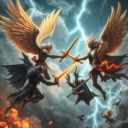 A dynamic air battle scene featuring male warrior angels and demons engaged in an epic confrontation